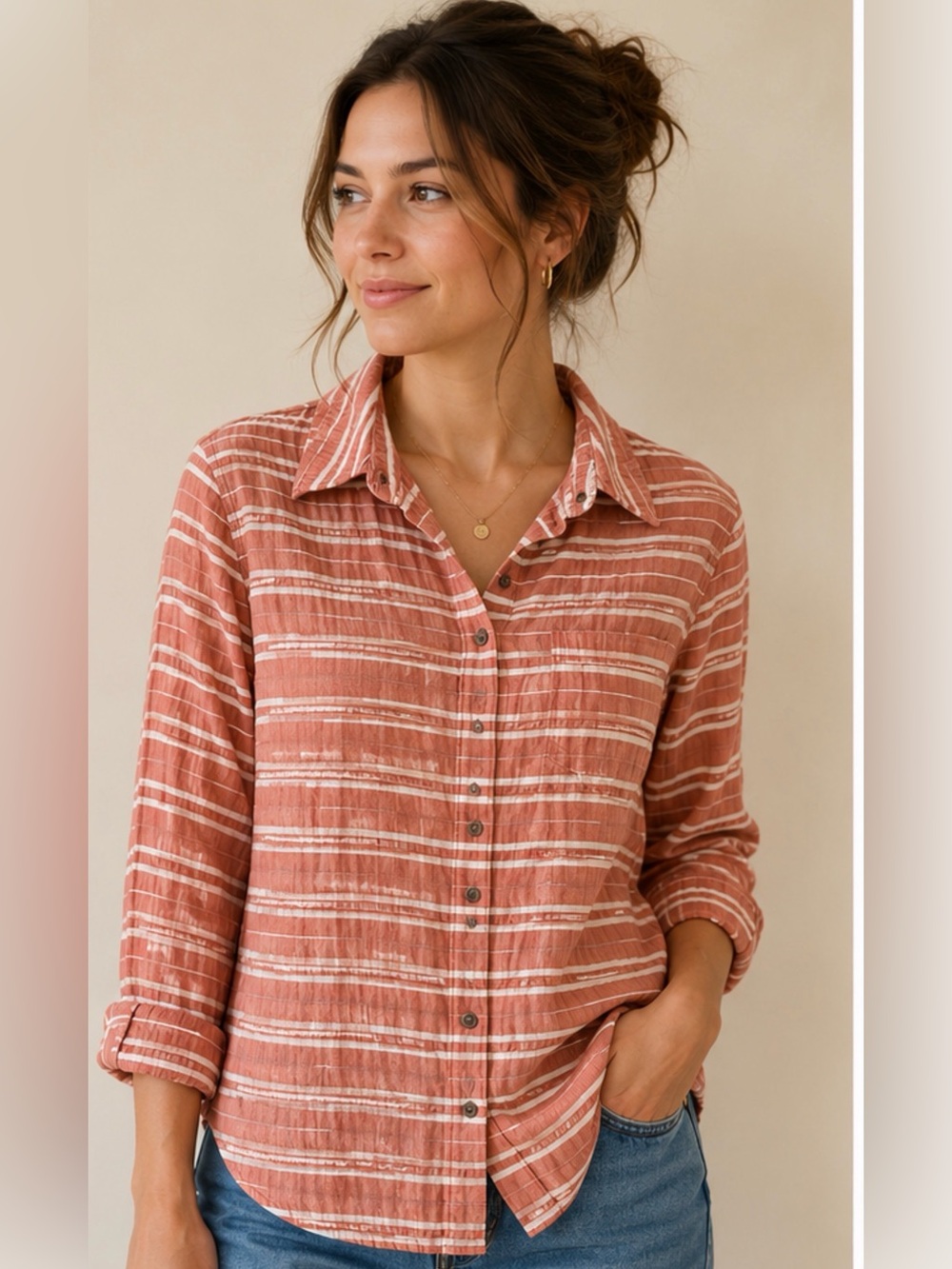 Green‎ Envelope LA Coral Stripe Gauze Button Front Blouse Large